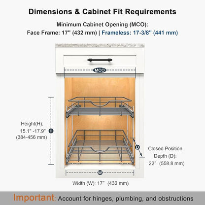 2 Tier Pull Out Cabinet Organizer - 17" W x 22" D Soft Close Slide Out Shelves with Shelf Liners - Pullout Drawers for Kitchen Cabinets, Pantry, Bathroom, Heavy Duty Steel Wire Baskets