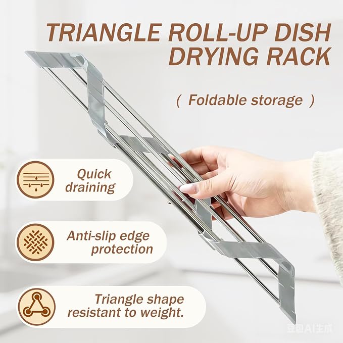 Triangle Roll-Up Dish Drying Rack and Sponge Holder for Kitchen Sink - Foldable Stainless Steel Dish Drying Rack for Sink Corners, Multipurpose Over The Sink Kitchen Drainer, Save Space