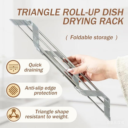 Triangle Roll-Up Dish Drying Rack and Sponge Holder for Kitchen Sink - Foldable Stainless Steel Dish Drying Rack for Sink Corners, Multipurpose Over The Sink Kitchen Drainer, Save Space