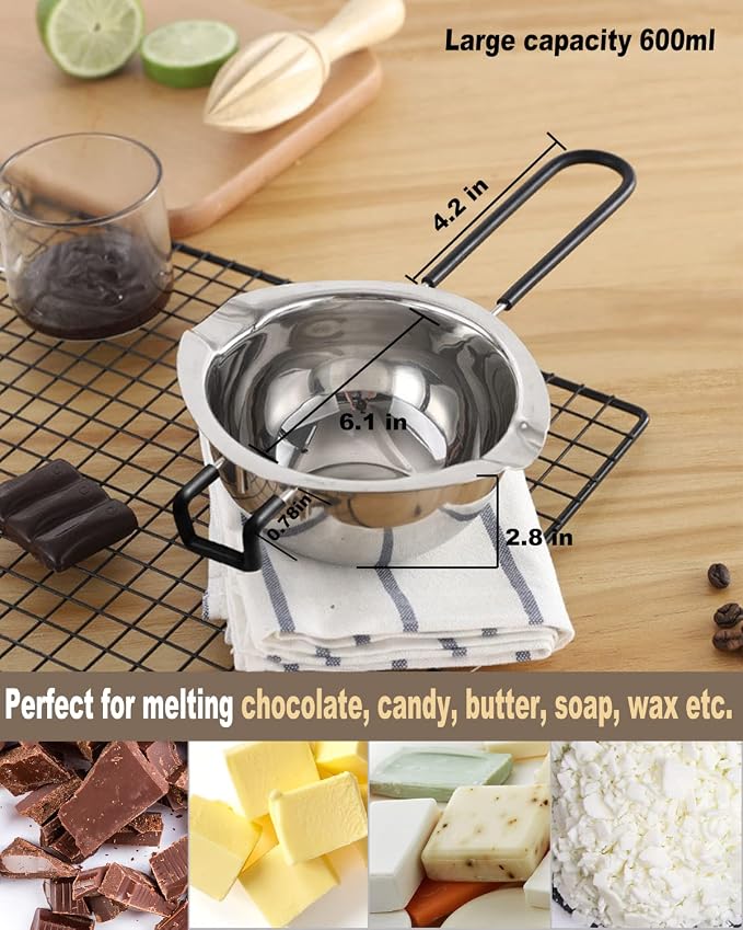 Double Boiler Pot Set, Stainless Steel Melting Pot with Silicone Spatula for Melting Chocolate, Soap, Wax, Candle Making (600ml and 1600ml)