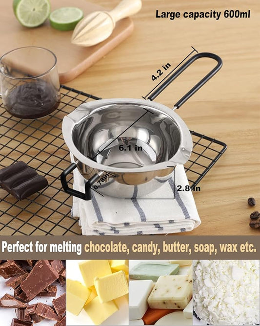 Double Boiler Pot Set, Stainless Steel Melting Pot with Silicone Spatula for Melting Chocolate, Soap, Wax, Candle Making (600ml and 1600ml)