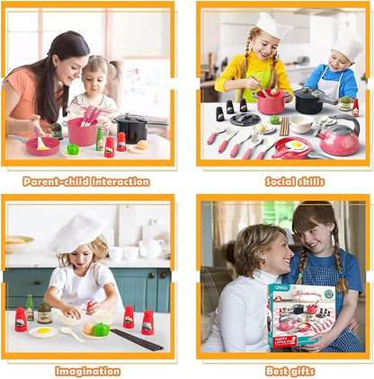 Bruvoalon 32Pcs Kids Play Kitchen Toys Set, Toddlers Pretend Cooking Playset Acccessories with Pots Pans, Utensils Cookware, Foods, Canned Veges, Learning Gift for Kids Girls Boys (Red)
