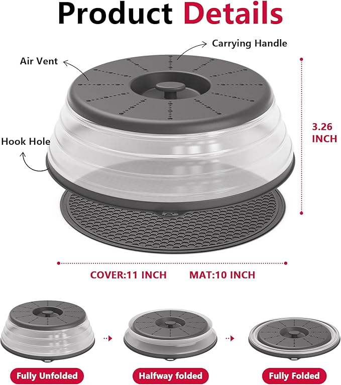 WVM Microwave Splatter Cover & Mat, Vented Collapsible Splatter Guard dish Plate lid & Silicone Round Kitchen Mat for Food, Meal Prep, Dark Grey