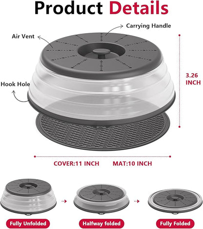 WVM Microwave Splatter Cover & Mat, Vented Collapsible Splatter Guard dish Plate lid & Silicone Round Kitchen Mat for Food, Meal Prep, Dark Grey