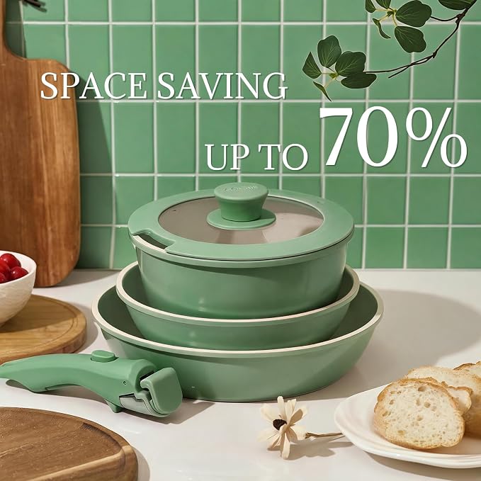 Ceramic Cookware Set Non Stick 8Pcs Pots and Pans Set Detachable Handle Induction Kitchen Cooking Set with Frying Pans Oven Dishwasher Safe, PFAS/PFOA Free, Forest Green