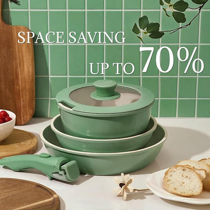 Ceramic Cookware Set Non Stick 8Pcs Pots and Pans Set Detachable Handle Induction Kitchen Cooking Set with Frying Pans Oven Dishwasher Safe, PFAS/PFOA Free, Forest Green