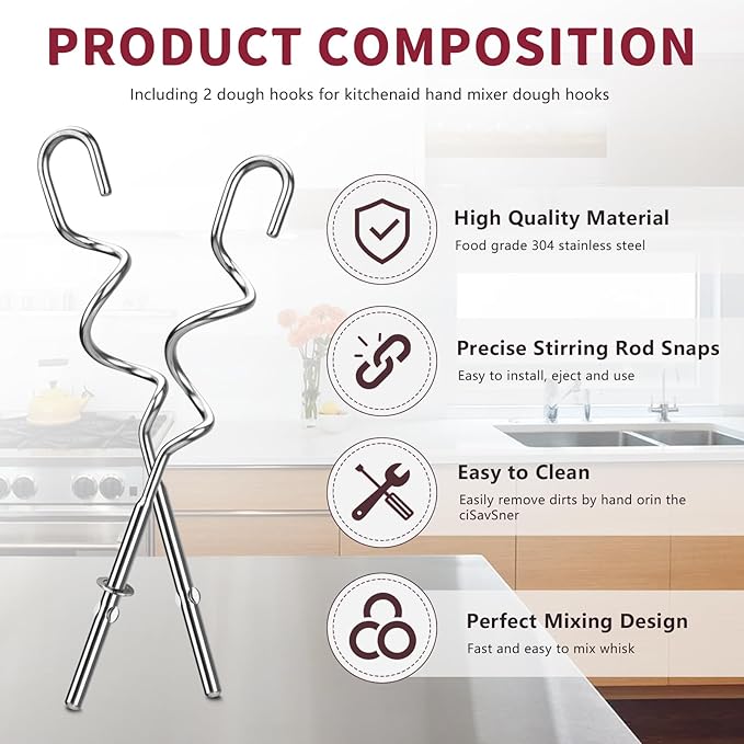 New Dough Hook for Hand Mixer Replacement for Kitchenaid Hand Mixer Dough Hooks KHM512, Stainless Steel Dough Hooks Suitable for KHM 5KSM KSM KSMO KSMH Series of Kitchenaid Mixer Hand Held, Set of 2