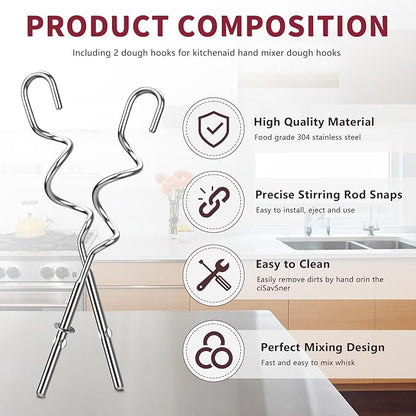 New Dough Hook for Hand Mixer Replacement for Kitchenaid Hand Mixer Dough Hooks KHM512, Stainless Steel Dough Hooks Suitable for KHM 5KSM KSM KSMO KSMH Series of Kitchenaid Mixer Hand Held, Set of 2