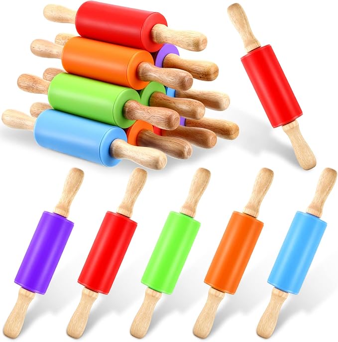 Thenshop 10 Pcs 9 Inch Mini Silicone Rolling Pins Kids with Wooden Handle, 5 Colors Non-stick Small Dough Roller for Kids, Home Kitchen Baking Supplies for Cookie Pastry Fondant Cake