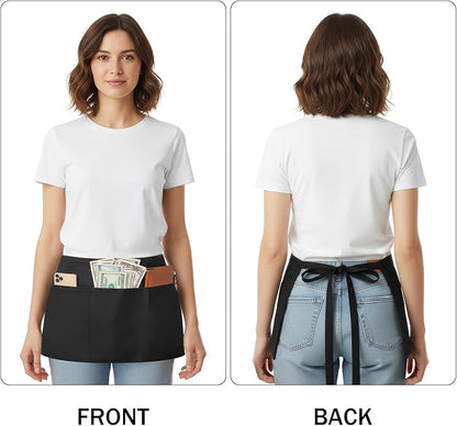 BOHARERS 4 Pack Waitress Apron With 3 Pockets-Black Server Aprons-Waiter Short Half Waist Servers Apron