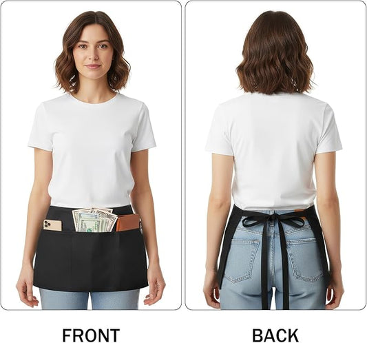 BOHARERS 4 Pack Waitress Apron With 3 Pockets-Black Server Aprons-Waiter Short Half Waist Servers Apron