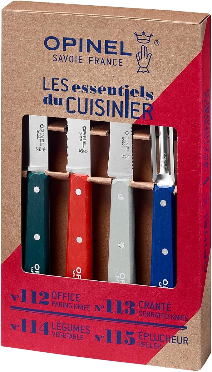 OPINEL Les Essentials - Small Kitchen 4 Piece Knife Set - Paring, Serrated, Peeler, Vegetable Knife, Corrosion Resistant High Carbon Steel, Made in France (Primo)