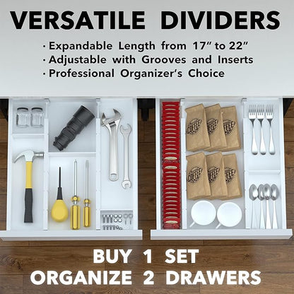 SpaceAid Bamboo Drawer Dividers with Inserts and Labels, Kitchen Adjustable Drawer Organizers, Expandable Organization for Home, Office, Dressers, 4 Dividers with 9 Inserts (17"-22" White)