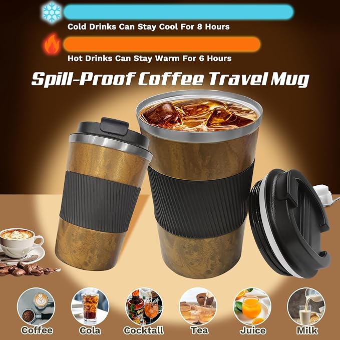 SPLMIFA Vacuum Insulated Stainless Steel Travel Coffee Mug with Lid, Leak-Proof Reusable Thermal Cup Keeps Drinks Hot & Cold for Hours, Durable Portable Tumbler for Men & Women (3rd-Wood Grain, 12OZ)
