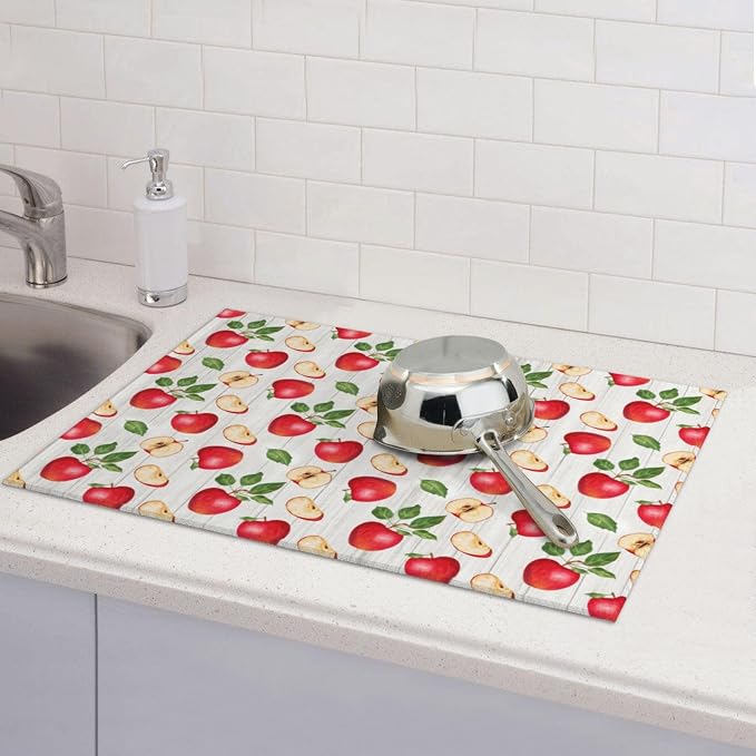 Apple Orchard Wood Grain Dish Drying Mat 18x24 For Kitchen Counter Absorbent Microfiber Dishes Pad Dish Drainer Rack Mats Fast Dry Kitchen Accessories