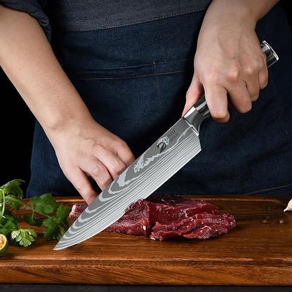 Dfito Chef Knife Sets with Roll Bag, 9 Pieces Professional Knife Set with Sharpener, High Carbon Stainless Steel Kitchen Chef Knife Set, Black Resin Handle, Dishwasher Safe