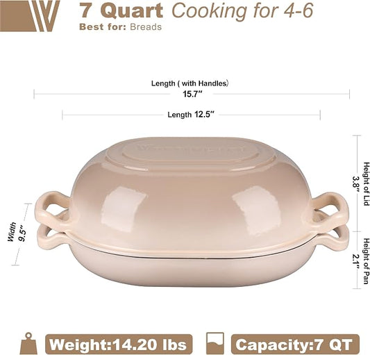 VORRINGARD Enameled Cast Iron Sourdough Bread Oven, Dutch Oven, Loaf Cast Iron Bread Pan for Homemade Bread Baking, Meatloaf Pan with Lid, 7QT, Latte