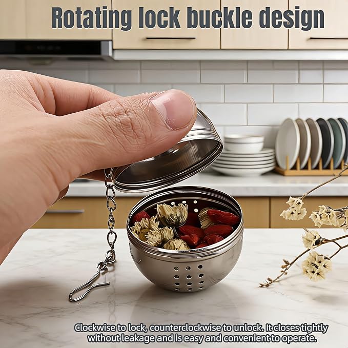 2Pcs Stainless Steel Tea Infuser Ball, Fine Mesh Spice Strainer for Loose Leaf Tea & Cooking, Rotating Lock Leak-Proof, Long Chain Hook for Soup Broth Filter