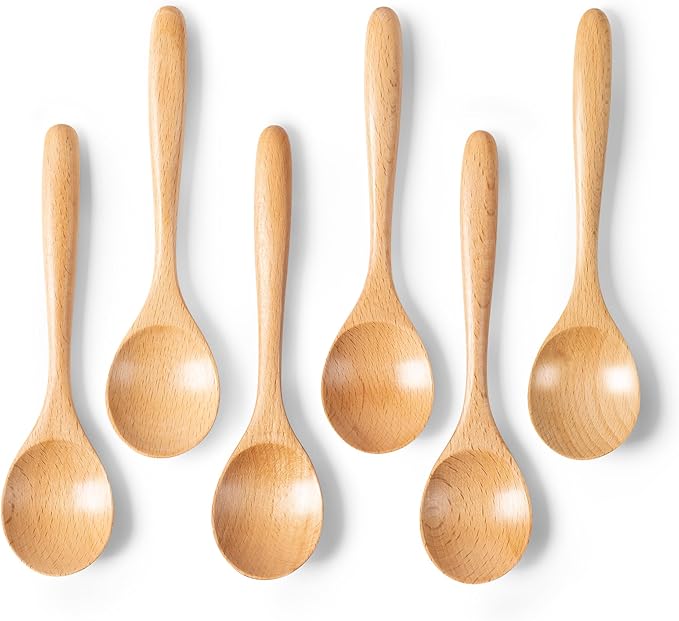 6 PCS Wooden Spoons for Honey, 6.7 inch Small Wooden Spoons - Terrific for Tea, Coffee & Soup, Little Beech Wood Serving Table Spoon Set, Bulk Bamboo Teaspoon for Eating with Unique Design