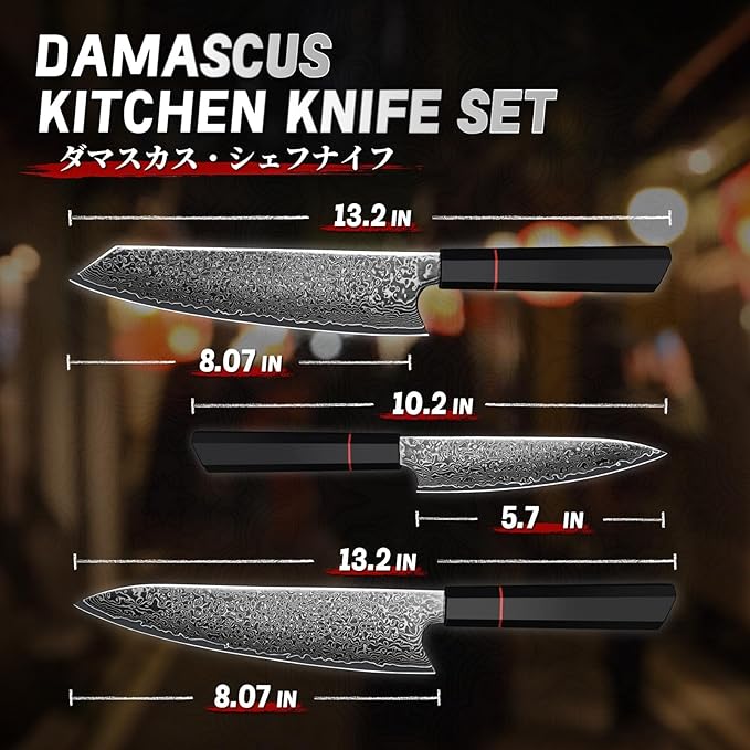 TIVOLI Damascus Knife Set 3PCS - VG10 Japanese Kitchen Knife - Ultra Sharp Chef Knives Set With Octagonal Handle，Professional Cooking Knives for Meat Vegetable Fruit, Christmas Gift for Mom Dad