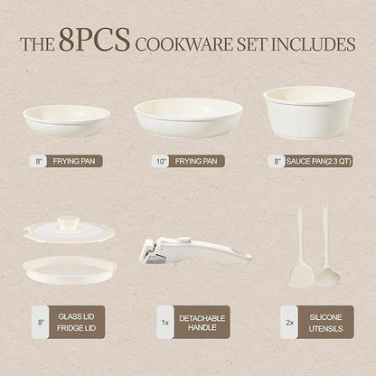 Ceramic Cookware Set Non Stick 8Pcs Pots and Pans Set Detachable Handle Induction Kitchen Cooking Set with Frying Pans Oven Dishwasher Safe, PFAS/PFOA Free, Cream White
