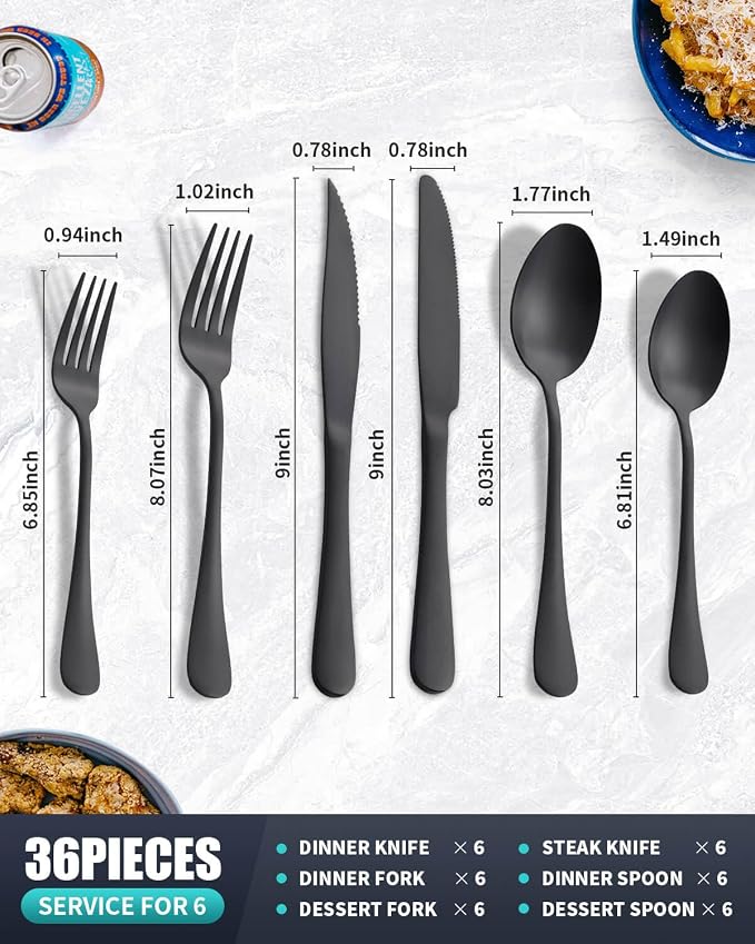 Matte Gold Silverware Set with Steak Knives,Stainless Steel Flatware Set for 6,Modern Cutlery Utensils Set,Spoons and Forks Set for Restaurant,Dishwasher Safe (Black, 36 Piece Set)
