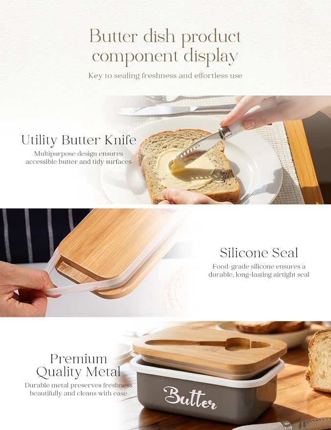 Butter Dish with Lid for Countertop, AISBUGUR Metal Butter Keeper with Stainless Steel Multipurpose Butter Knife, Large Butter Container with Double High-quality Silicone Good Kitchen Gift Grey