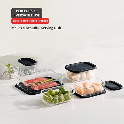 EATEX Grooved Base Glass Meal Prep Containers, 6 Pack Glass Food Storage Containers with Lids for Meal Prep & Lunch, Microwave Oven Freezer Dishwasher Safe, Anti Moisture Non-Stick Design - Black