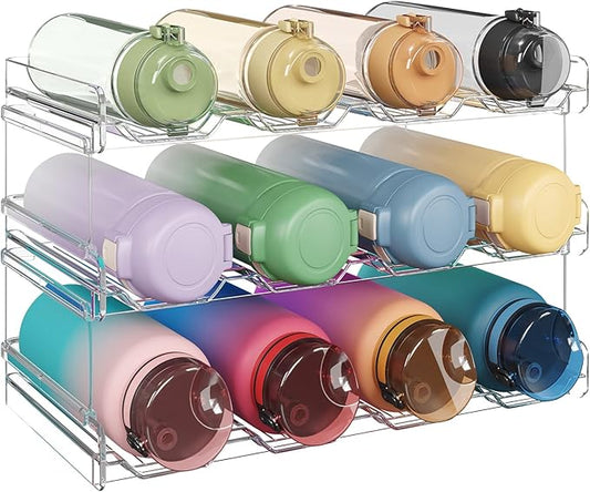 Lifewit Stackable Water Bottle Organizer for Cabinet, Plastic Bottle Holder Fits Bottles/Tumblers up to 3.8" Diameter for Pantry/Countertop, 3 Tier Holds14 Bottles 41 x 20 x 24 cm/16 x 8 x 9.5