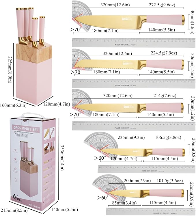 Aesthetic Gold Pink Kitchen Knife Set,7Pcs Gold Titanium Coated Dishwasher Safe Knife Block Sets,Wooden Block with Built-In Sharpener,Luxury Gift for Women Modern Kitchen