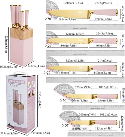 Aesthetic Gold Pink Kitchen Knife Set,7Pcs Gold Titanium Coated Dishwasher Safe Knife Block Sets,Wooden Block with Built-In Sharpener,Luxury Gift for Women Modern Kitchen