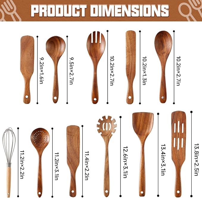 Wooden Spoons for Cooking 11Pcs Natural Acacia Wooden Kitchen Utensil Set, Spatula Spurtles Salad Fork Spoon Set, Non-Stick, Comfortable Grip, As Seen On TV Wooden Cooking Utensils