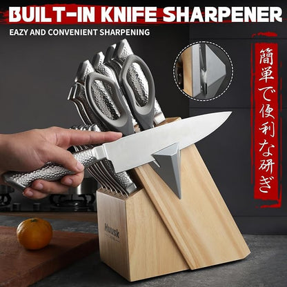 Huusk Kitchen Knife Set with Block & Built-in Sharpener - 15pcs Japanese Stainless Steel Knife Block Set - Sharp Professional Chef Sets for Kitchen - Home-warming Gift for Men