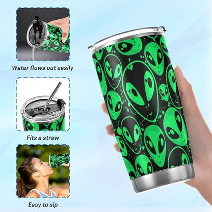 Tumbler Alien Neon Green Insulated Coffee Cup Driver Beverage Container Office Travel Mug with Straw and Lid 20oz Back to School Holiday Gift