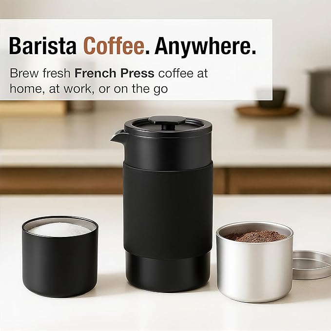 Travel French Press Coffee Maker Set - 12 oz | Portable Travel French Press Coffee Maker | Double Wall Insulated with Dual Stainless Filters & 2 Steel Canisters for Grounds, Tea, Creamer & Sugar