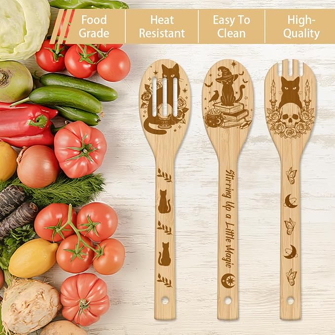 GLOBLELAND 6 Pcs Magical Cats Wooden Spoons Utensil Set Skeleton Bamboo Carving Kitchen Cooking Utensils Wooden Engraved Cooking Spatula Sets for Kitchen Fun House Warming Gift