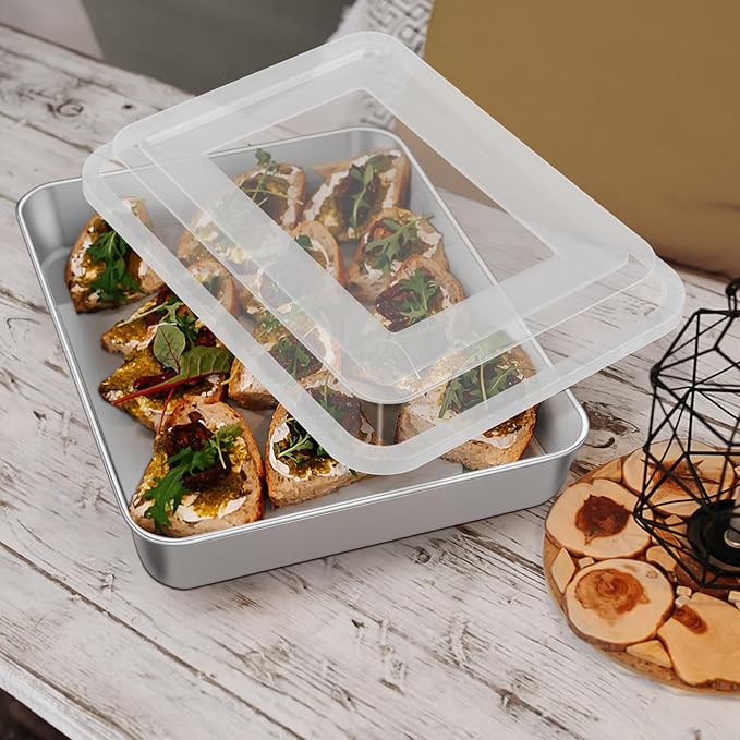Leonyo 4 Pack Lasagna Pan with Lid, 9.3 x 7 Inch Rectangle Bakeware Cake Pan with Lid, 2 Inch Deep Stainless Steel Baking Tray Sheets for Baking Commercial Kitchen, Focaccia Bread, Casserole Dish
