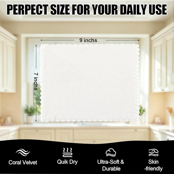 Kitinjoy 24 Pack Kitchen Cloths Dish Towels (7" x 9", White), Super Soft and Absorbent Dish Cloths, Nonstick Oil Fast Drying Coral Velvet Microfiber Cleaning