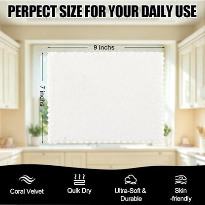 Kitinjoy 24 Pack Kitchen Cloths Dish Towels (7" x 9", White), Super Soft and Absorbent Dish Cloths, Nonstick Oil Fast Drying Coral Velvet Microfiber Cleaning