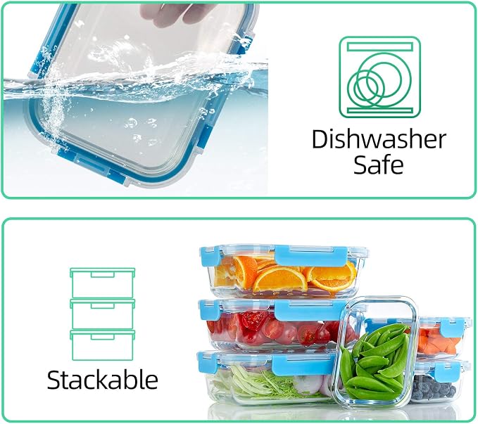 UMEIED 10 Pack Glass Food Storage Containers with Lids Leakproof, Airtight Glass Meal Prep Containers For Lunch, On The Go, Leftover, Dishwasher Safe