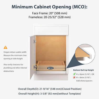 Pull Out Drawers for Kitchen Cabinets 20" W x 21" D Birch Wood | Pull-Out Cabinet Drawer, Slide Out Shelf, Concealed Soft-Close Full-Extension Slides, Bottom & Side Mount, 80 lb Heavy-Duty