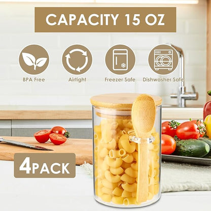 4 Pack Glass Containers Jars with Bamboo Lid and Spoon, 15OZ Airtight Glass Jars, Food Storage Jar Set Kitchen Glass Canisters for Coffee Beans, Tea, Flour, Nuts, Candy, Dry Goods, Cookie and More