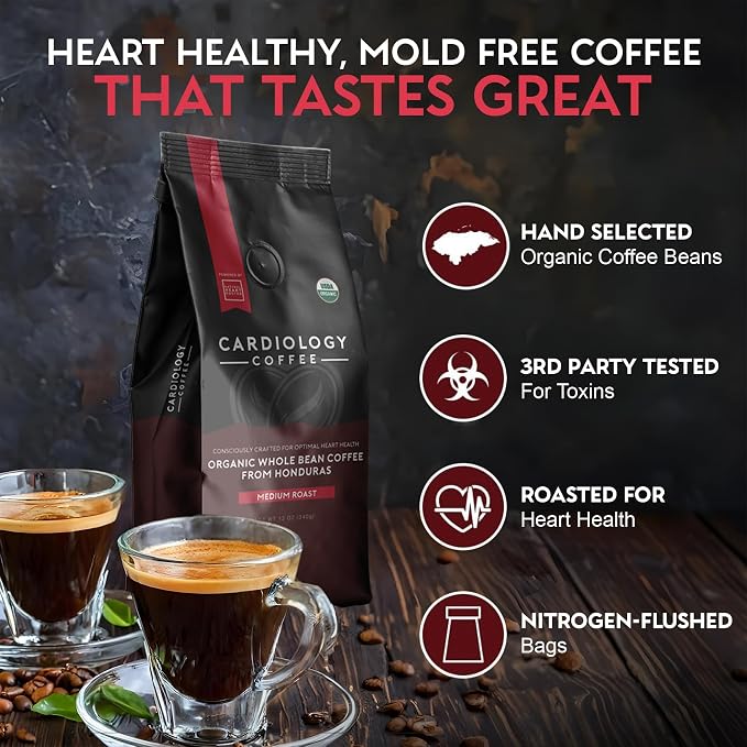 Cardiology Coffee – Whole Bean Coffee – USDA Certified Organic, Mold Free 12oz Premium Medium Roast Organic Coffee Beans with Antioxidant Benefits – Perfect for Heart Healthy Lifestyle