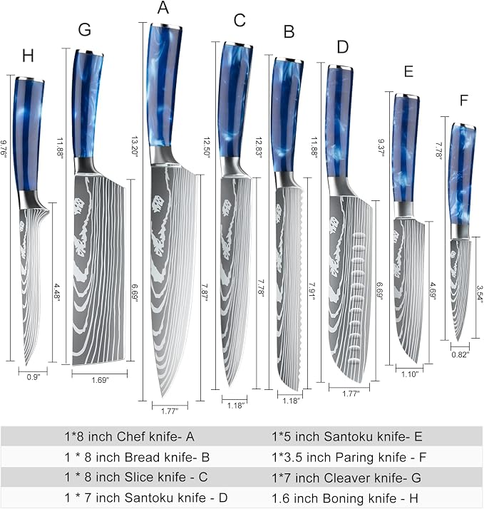 Dfito Chef Knife Sets with Roll Bag, 9 Pieces Professional Knife Set, High Carbon Stainless Steel Kitchen Chef Knife Set, Blue Resin Handle, Dishwasher Safe