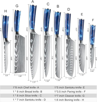 Dfito Chef Knife Sets with Roll Bag, 9 Pieces Professional Knife Set, High Carbon Stainless Steel Kitchen Chef Knife Set, Blue Resin Handle, Dishwasher Safe