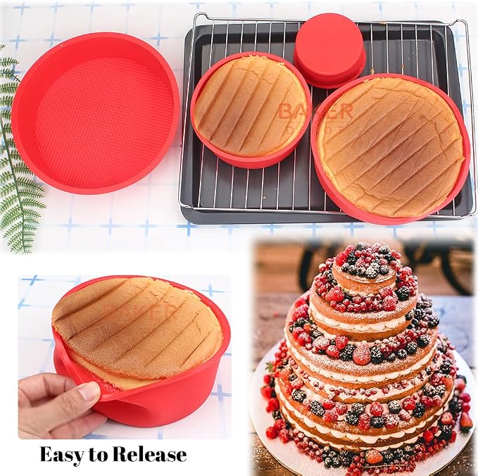 BAKER DEPOT Silicone Mould for Baking Nonstick Layer Cakes Bakeware Round Cake Pans Chocolate Rainbow Cake for Birthday Wedding Party 4 6 8 9 Inch Set of 4