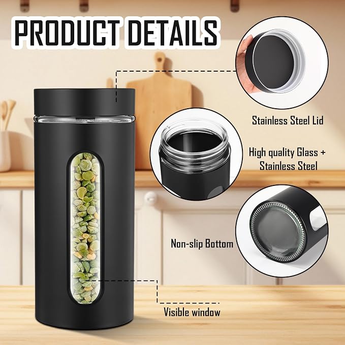 Mimorou 3 Pcs Stainless Steel Canister Set with Glass Windows Visible Storage Jars Silver Kitchen Canister Set for Pasta Flour Oat Sugar Container, Kitchen Tools, Housewarming Gifts(Black,44 oz)