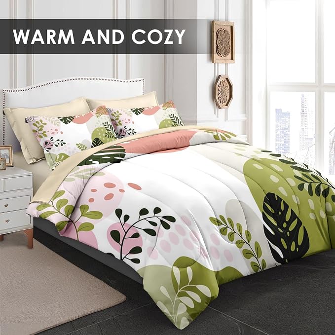 Pamnest Comforter Set King Size, Tropical Leaves Flower 7 Pcs Bedding for Kids and Adults, Vintage Floral Bed Sheet Sets with Fitted Sheet 2 Pillowcase & 2 Sham for Bedroom Bed Decor