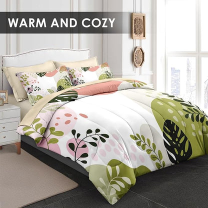 Pamnest Comforter Set Full Size, Tropical Leaves 7 Pcs Bedding for Kids and Adults, Colorful Bed Sheet Sets with Fitted Sheet 2 Pillowcase & 2 Sham for Bedroom Bed Decor