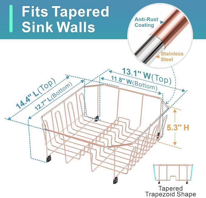 GSlife Small in Sink Dish Drying Rack - Stainless Steel Compact Dish Drainer for RV Kitchen Apartment Sink, Rust Resistant Inside Sink Rack, 1–2 Person Households, 13.1" W x 14.4" L, Rose Gold